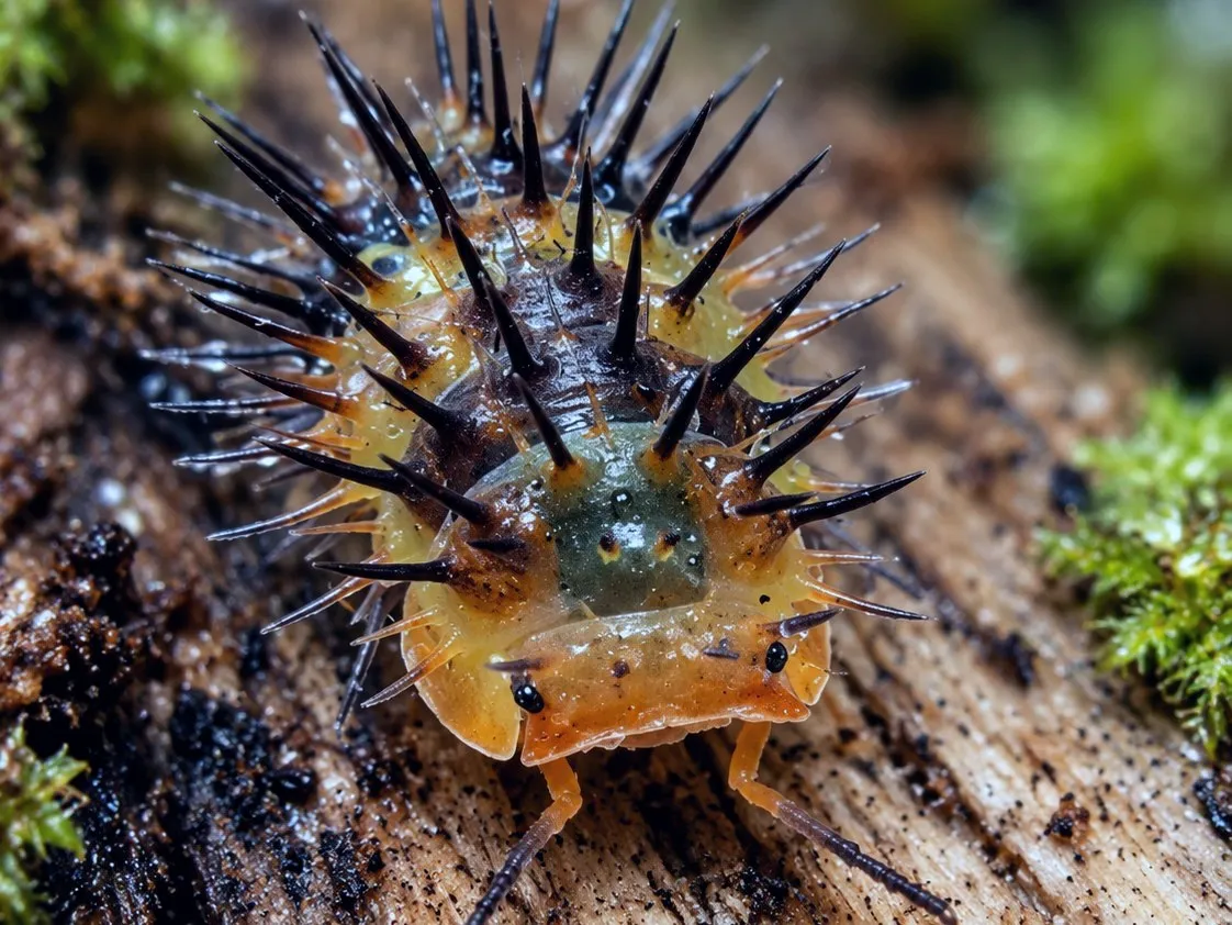 A Durian isopod (Laureola sp. "Durian") head-on on rotting wood, its long black-tipped spines fanned out around an amber shell.