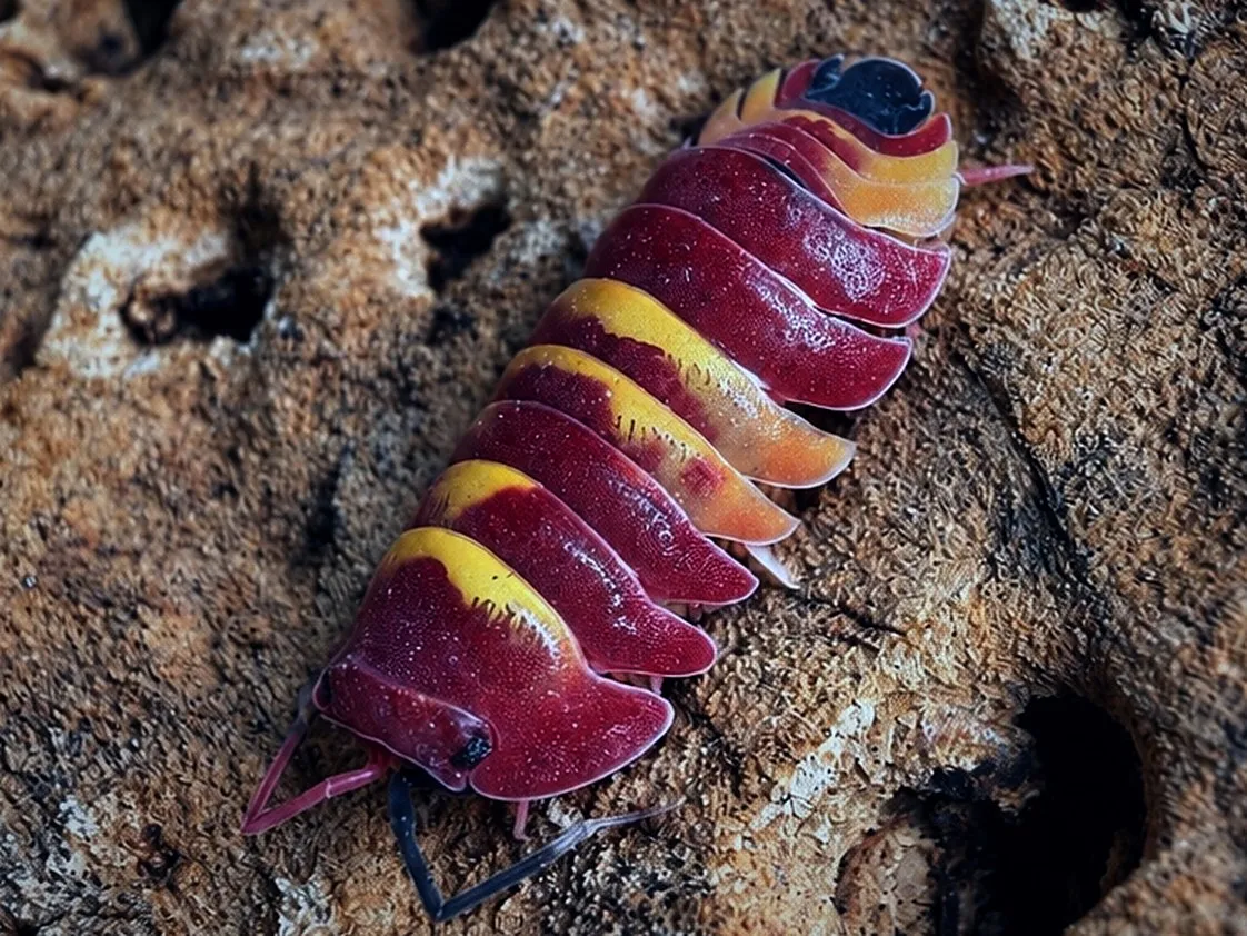 A Scarlet isopod (Ardentiella sp. "Scarlet") on pitted cork bark, its body deep red with yellow bands and a dark head.